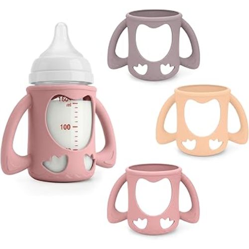 3 Pack Silicone Baby Bottle Handles for Pigeon Bottles 5.4oz, Food Grade Anti-Breakage Silicone Sleeve for Glass Bottle - Pink+Beige+Gray