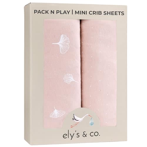 Ely’s & Co. Pack and Play Sheets, for Mini/Portable Crib, 2 Pack Fitted Playpen Play Yard Sheet Set Compatible with Graco Pack n Play, for Baby Girls, 100% Cotton, Pink Gingko Collection, 38”x24”x5”