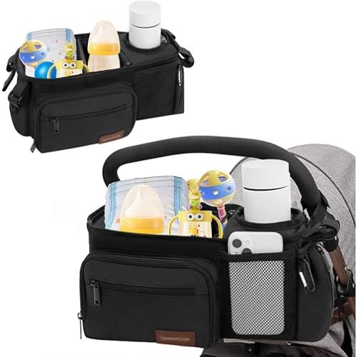 Stroller Organizer Bag with Insulated Cup Holder & Adjustable Dividers, Non-Slip Stroller Caddy with Multiple Pockets, Fits 14"-19" Handles, Water-Resistant, Black