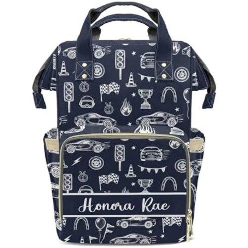 Personalized Vintage Race Car Custom Mom Bag with Name,Dad and Mom Diaper Backpack for Baby Boys Girls,Birthday Gift for New Parents