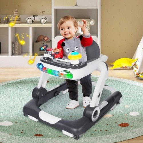 Kinder King 5-in-1 Baby Walker with Music & Lights, Activity Walker for Toddler, Adjustable Height, Safety Bumper, Gray
