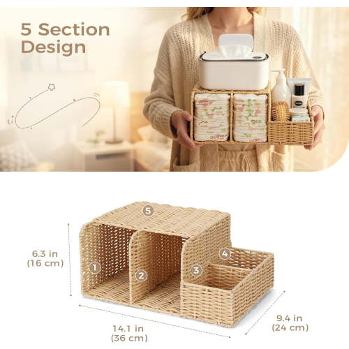 Diaper Caddy Organizer, Hand Rattan Nursery Storage Basket for Baby Essentials, Baby Changing Table Organizer Perfect Nursery Assistant (Hollow Rattan, M)