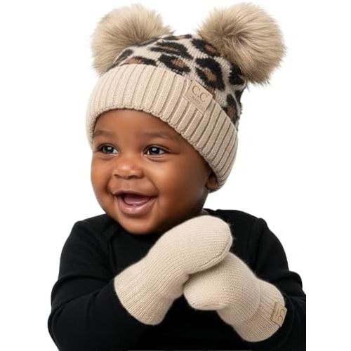 Funky Junque Baby Double Faux Fur Pom Pom Beanie & Mittens Set – Newborn Infant 0–9 Months Winter Hat with Soft Lined Mittens