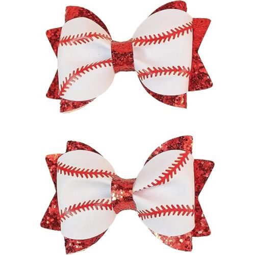 Baseball Hair Bows for Girls, 2PCS Softball Cheer Bows with Glitter, Game Day Sports Hair Accessories for Toddlers Kids