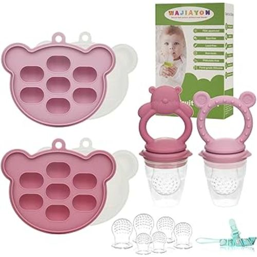 Baby Breastmilk Popsicle Molds & Baby Fruit Feeder (6 Pack), WAJIAYON Baby Food Freezer Tray Storage Containers, Silicone Teething Pacifier Feeder and Teether for Babies,Moss and Fawn Baby Feeder