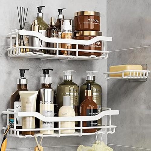 OMAIRA 3-Pack Shower Caddy with Soap Holder, Adhesive Rustproof No-drill Strudy Loading Inside Shower Organizer Shelves Rack Storage Bathroom Organization for Smooth Wall Glass Tile, White (X-Large)