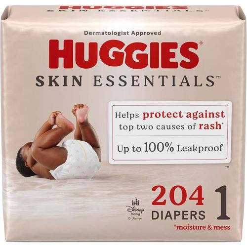Huggies Size 1 Diapers, Skin Essentials Baby Diapers, Size 1 (8-14 lbs), 204 Count (3 Packs of 68), Packaging May Vary