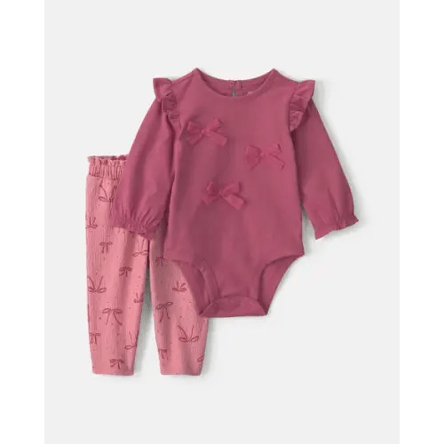 Baby Girl 2-Piece Bow Long-Sleeve Bodysuit & Pant Set - Pink | Carter's