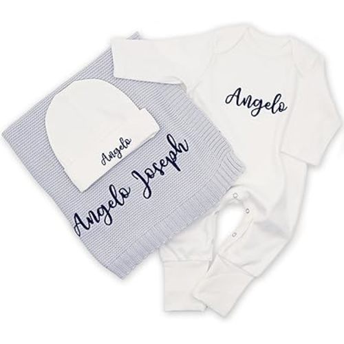 100% Organic Cotton Customized Baby Blanket, Outfit Set | Embroidered Custom Baby Blanket | GOTS Certified Baby Gifts