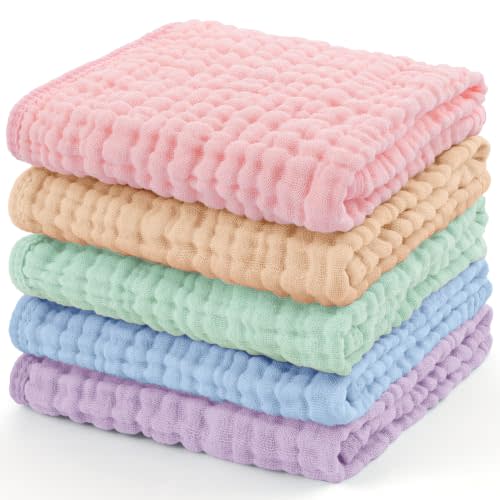 Yoofoss Muslin Burp Cloths for Baby 5 Pack 100% Organic Cotton Baby Washcloths for Boys Girls Large 20''X10'' Super Soft and Absorbent Apricot,Pastel Macaron