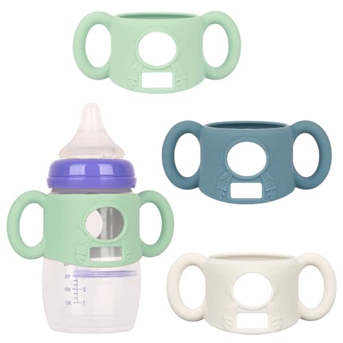 HUAKENER 3 Pack Baby Bottle Handles for Lansinoh Baby Bottles | Silicone Handles Compatible with Lansinoh Anti-Colic 8oz and 5 oz PP Material Baby bottles (Beige+Green+Blue))