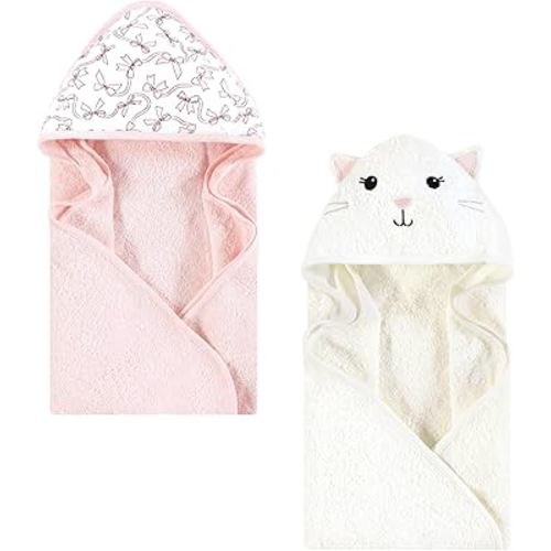 Hudson Baby Infant Girl Cotton Animal Face Hooded Towel, Pink Bow Kitty, One Size