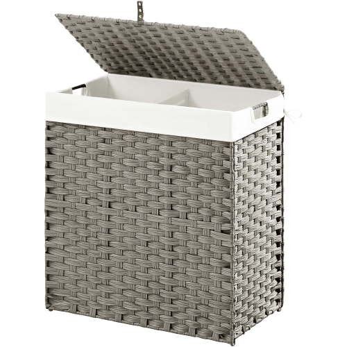 Rolanstar 110L Laundry Hamper Wicker Laundry Basket with Lid, Handles Clothes Hamper Foldable with 2 Removable Liner Bags, Gray