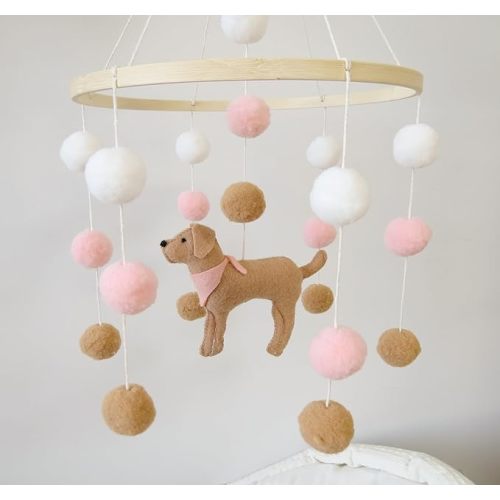 Goukurlsma Baby Crib Mobile for Girls Boys Dog Theme Baby Mobile for Crib Mobile for Bassinet with Felt Ball, Pink