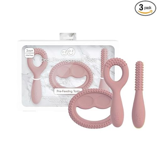 ezpz Oral Development Tools (3 Pack in Blush) - 3 Months+ - Non-Slip Loop, Smile and Stick 100% Silicone Tools - Prepare for Chewing + Solids - Baby-Led Weaning Supplies