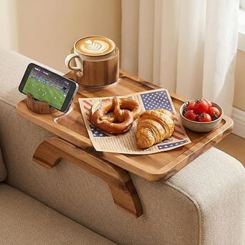 NEWBULIG Couch Cup Holder Tray, 3-in-1 Acacia Wood Sofa Arm Clip On Table with 360° Rotating Phone Holder, Foldable Stable Armrest Organizer for Drinks & Snacks, 15.35" x 9.8", Brown