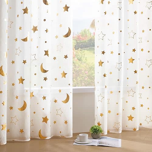 WUBODTI White Star Sheer Curtains for Kids Room Nursery 63 Inch Length，Gold Star and Moon Patterned Semi Sheer Faux Linen Girls Curtains Rod Pocket Light Filtering Short Curtain Drapes 2 Panels