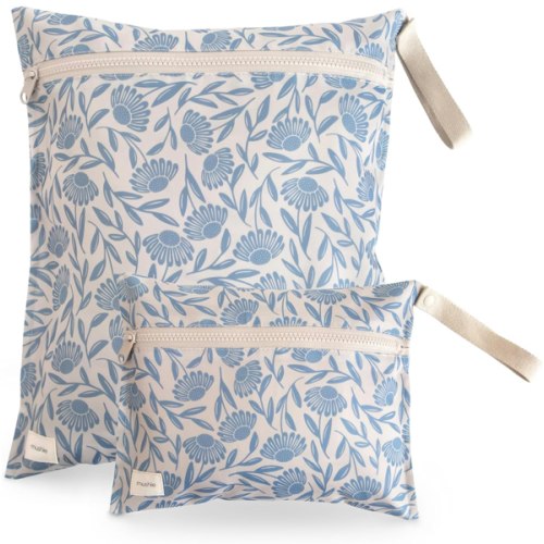 mushie Water Resistant Wet Bags | Large & Small Reusable Storage Bag for Baby Items and Travel | Zippered Pockets with Handle | Machine Washable, Set of 2 (Blue Flowers)