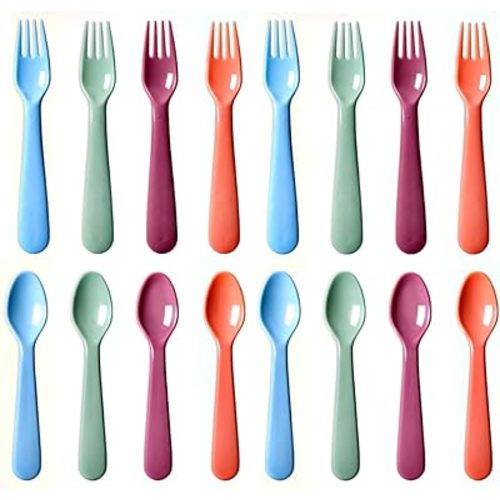 16Pcs Kids Plastic Utensils Kids Forks and Spoons Set, Multicolor Toddler Utensils, Reusable Kids Silverware Cutlery Set, Ideal for School Lunch Box, Camping, Travel, Party Favors BPA Free