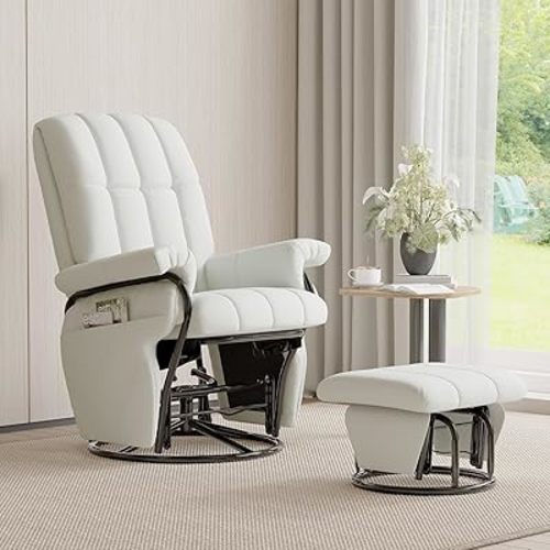 JIASTING 360° Swivel Leather Recliner Chair with Ottoman & Double Side Pockets, Nursing Glider Rocking Recliner Chair, Gliding Chairs for Nursery, Office, Living Room, Bedroom, Metal Frame (White)