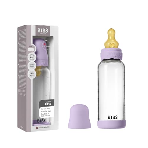 BIBS Boheme Baby Glass Bottle 8 oz /240 ml. Anti-Colic. Round Natural Rubber Latex Nipple. Supports Natural Breastfeeding - Violet Sky
