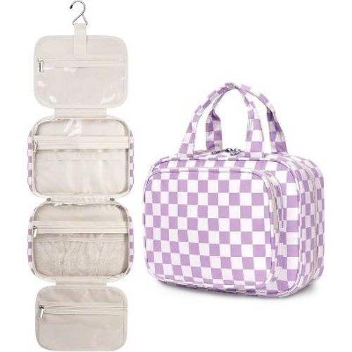 Hanging Toiletry Bag for Travel. Checkered Makeup Organizer with Compartments for Travel-Size Essentials and Cosmetics. B-Purple Checkerboard Medium