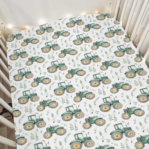 Watercolor Green Tractors Baby Crib Sheets for Boy Girl 52x28Inch Farm Tractors Boho Leaves Soft Stretchy Fitted Crib Mattress Cover Farm Life Baby Sheet for Standard Crib & Toddler Mattress Pad