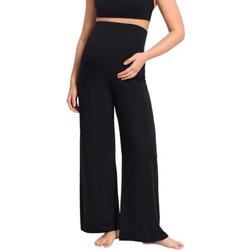 MOMANDA Wide Leg Maternity Lounge Pants Over The Belly Cozy Pregnancy Pants High Waisted Casual