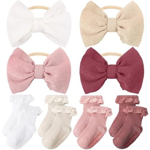 JATEBI Baby Girls Big Bow Headband and Toddler Anti Slip Socks Cute Bows Floral Lace Soft Super Elastic Headband for Baby Girls Newborn Infant Toddlers Bows