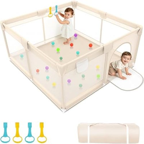 Small Baby Playpen 50x50 - Indoor Play Yard with 4 Handle, Apricot