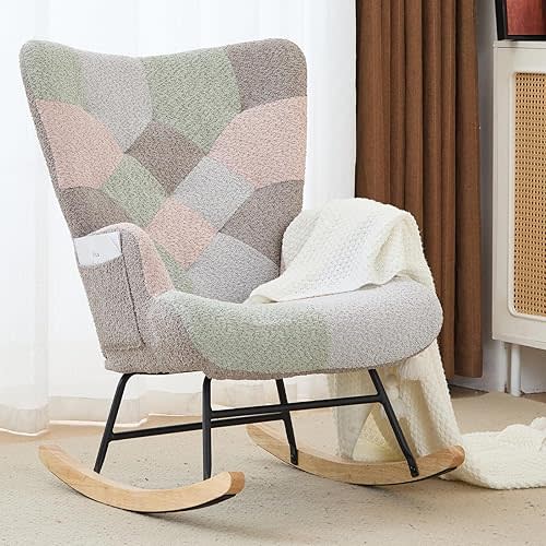 Nursery Rocking Chair Teddy Upholstered Glider Rocker Rocking Accent Chair with High Backrest Armchair Comfy Side Chair for Living Room, Bedroom, Offices (Brouce)