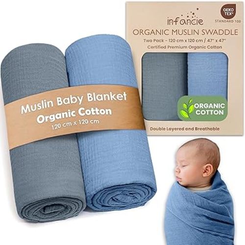 Organic Cotton Muslin Baby Blanket - 47x47 Inch Breathable Swaddle, Hypoallergenic Double-Layer, Versatile Use (Slate/Aquarius, 47x47 Inch)