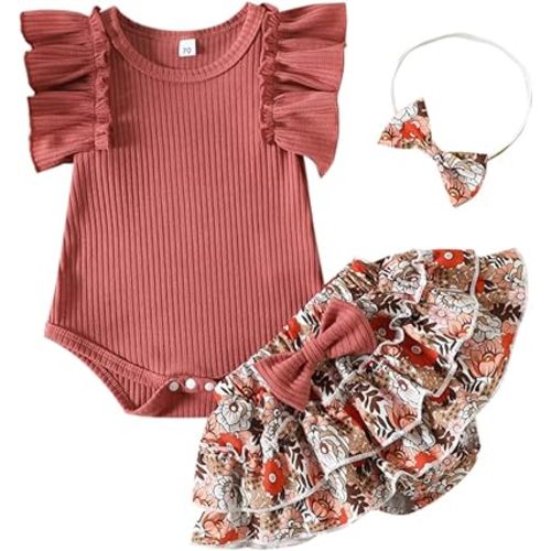 Kupretty Baby Girl Clothes Cute Summer Infant Outfits Ruffle Sleeveless Knit Romper + Floral Bow Bloomers Shorts + Headband