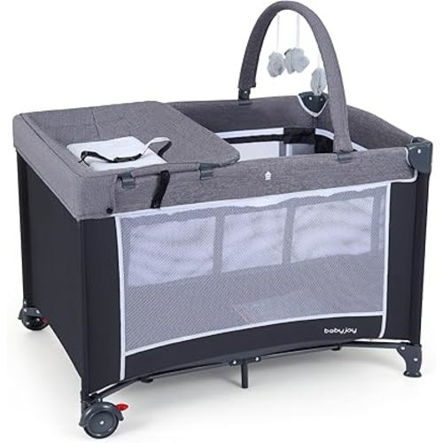 BABY JOY 3 in 1 Pack and Play, Travel Crib Bassinet Bed for Baby, Changing Table w/Safety Belt, Toy Bar, Lockable Wheels, Portable Baby Playard from Newborn to Toddler