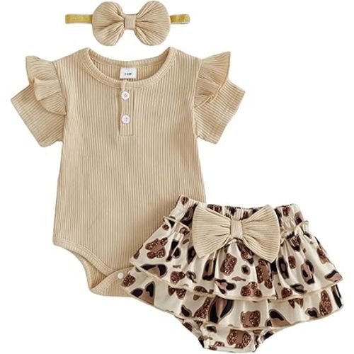 fhutpw Newborn Baby Girl Clothes Ribbed Sleeve Romper Top Leopard Ruffle Shorts Bow Headband Infant Summer Outfits 0-18M
