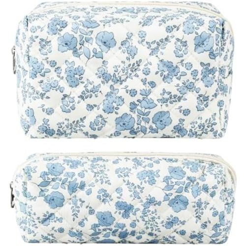 ZLFSRQ 2Pcs Floral Makeup Bag Cute Quilted Makeup Bag Preppy Pencil Pouch Small Cosmetic Bags Aesthetic Travel Toiletry Bags Preppy Pen Pouches Makeup Pouch for Purse Zipper Skincare Storage Organizer