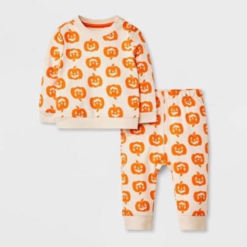 Baby 2pc Halloween Pumpkin French Terry Sweatshirt & Jogger Pants Set - Cat & Jack™ Cream 9M