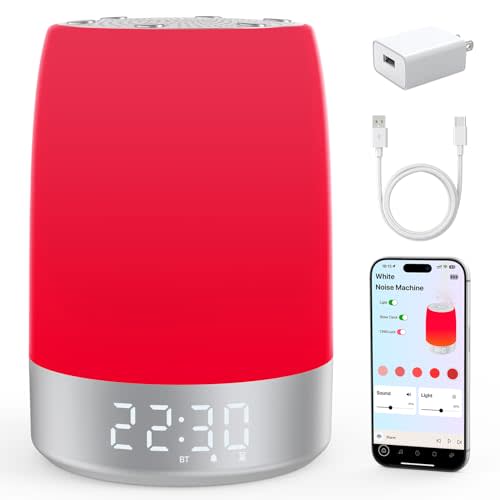 Smart Red Light Therapy Lamp & Sleep Sound Machine for Bedroom with Alarm Clock, Night Light with App Control, 5-Level Red Light (620–690nm), 32 White Noises, Custom Timer, 2600mAh Battery（Large）