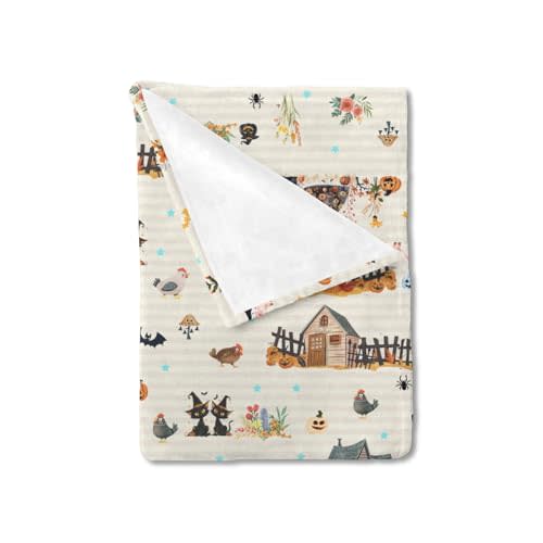 Fall Farm Witch Cats Baby Blanket for Boy Girl Halloween Farmhouse Pig Hen Bat Moon Pumpkins Floral Flannel Soft Receiving Blankets Infant Toddler Nursery Bed Blanket Crib Swaddle Blanket 40x50
