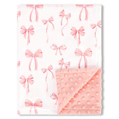 Baby Blankets for Girls, Toddler Newborn Blanket Double Layer with Dotted Backing Crib Receiving Blanket for Toddler Nursery Bed Blanket, Pink Bow, 30x40 Inches
