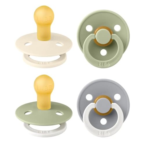 BIBS Colour Soother 4-Pack | BPA Free Dummy Pacifier | Round Nipple | Natural Rubber Latex | Made in Denmark | Size 0-6 Months | Sage Glow Mix