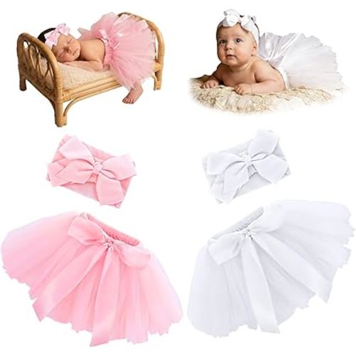 2 Set Baby Girl Tutu Set with Bow Headbands Newborn Photography Photo Prop Half Birthday Outfit for Baby Girl 0-6 Months White, Pink