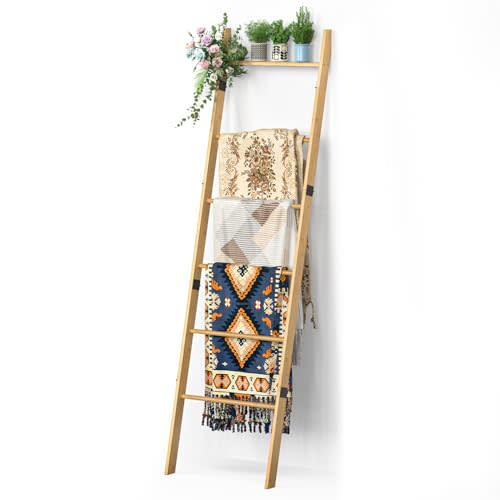 BAMBANG 6-Tier Blanket Ladder for Living Room, Blanket Quilt Ladder Rack Rustic Decorative Towel Holder, Wall Leaning Blanket Ladder Shelf Storage Farmhouse Decor for Bedroom Bathroom, Natural