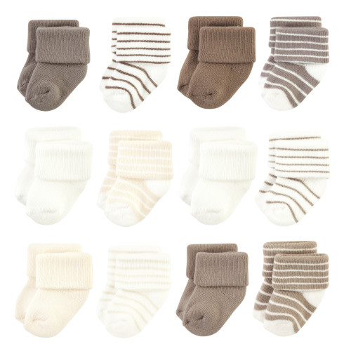 6-12 mo Hudson Baby Cotton Rich Newborn and Terry Socks, Beige Stripe 12 Pack
