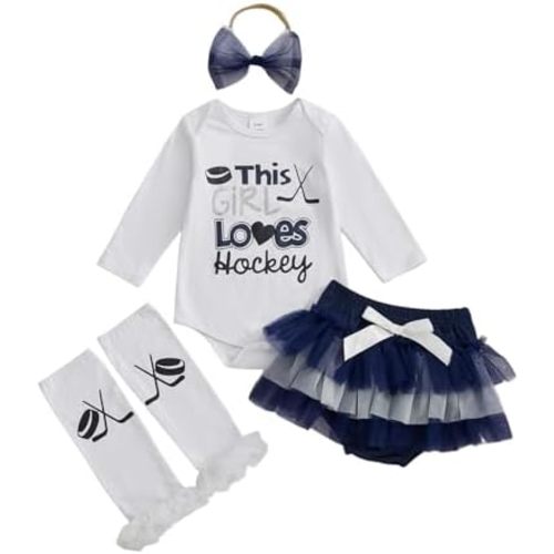 Newborn Baby Girl Fall Clothes Ice hockey Long Sleeve Romper Mesh Tutu Skirt Leg Warmer Headband Set