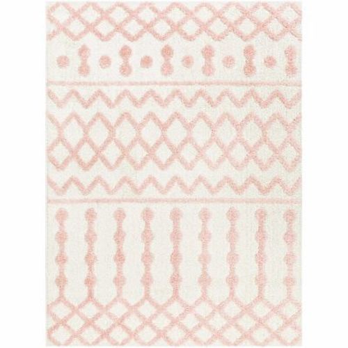Tilos Moroccan Farmhouse Living Room Nursery Shag Area Rug - Shaggy Carpet - Trellis Pattern - High Plush Pile - Cream, Pink, Beige - 5'3" x 7'