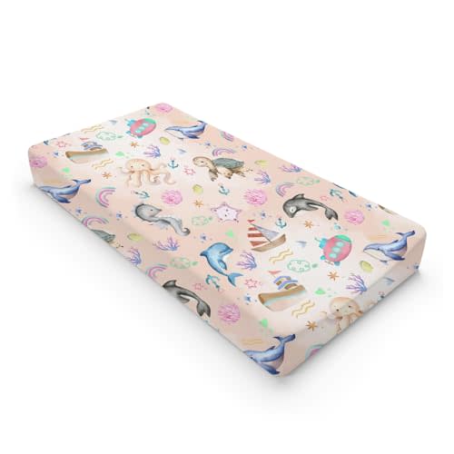 Colorful Sea Animals Baby Changing Pad Covers for Boys & Girls 32''x16'' Ocean Whale Dolphin Turtle Sea Horse Corals Unisex Fitted Changing Pad Sheets Nautical Life Soft Diaper Change Table Mats