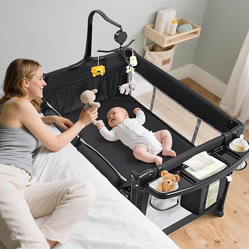 Pack and Play, 5 in 1 Baby Bassinet Bedside Sleeper, Portable Baby Crib with Diaper Changer, Storage Rack& Music Box Toy Bar, 1-Step Assembly Foldable Playard for Newborn Toddlers(Black)