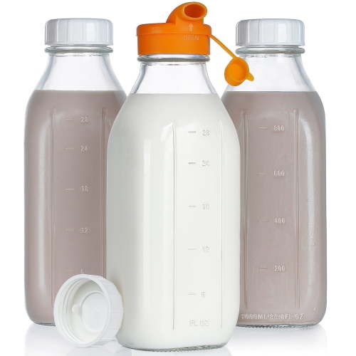 Syntic Glass Milk Bottle with Pour Spout, Airtight Seal, Scale, Threaded Cover, 32 oz, Set of 3