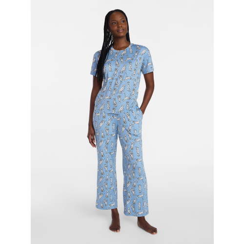 Joyspun Women's Dreamy Soft Collection Short Sleeve Sleep Top and Open Leg Pants Pajama Set, 2-Piece, Sizes XS-3X